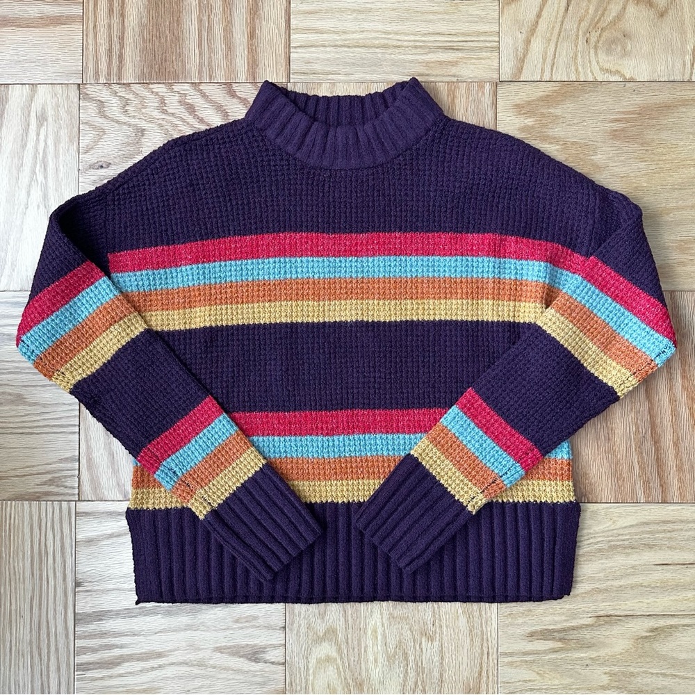Stripped Waffle Knit Mock-neck Sweater